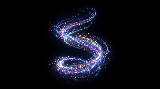 Abstract glowing purple and blue light trail spiral particle wave with particles abstract shimmering background rotation colorful artistic