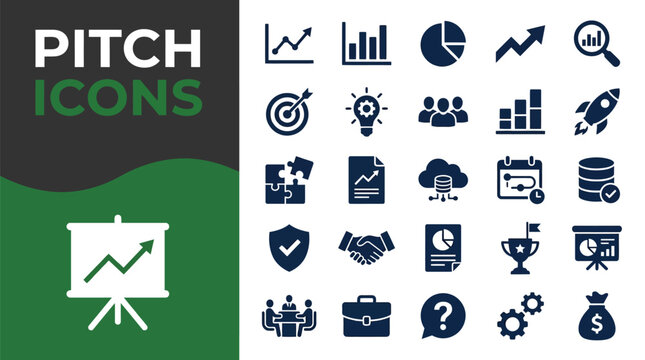 Dark blue flat pitch deck icons set featuring various business growth symbols for professional corporate presentations and marketing strategy development