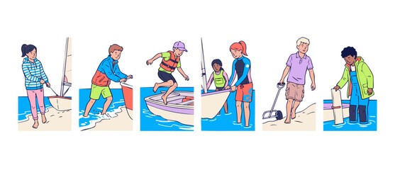 Fototapeta premium Sailing kids vector illustration set of children learning water sports and boating on a beach summer camp, active teenagers enjoying outdoor marine activities and sailing lessons on the sea.