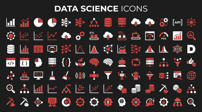 Flat data science icons set with charts, algorithms, machine learning and big data symbols on dark background