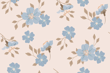 Fototapeta premium Seamless floral pattern, spring ditsy print in a delicate vintage motif. Cute botanical design of hand drawn small blue flowers, tiny leaves, simple bouquets on a light background. Vector illustration