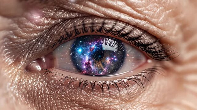 Close-up of an elderly person's eye revealing a vibrant galaxy within the iris, showcasing intricate details of skin texture and cosmic colors in a surreal visual experience