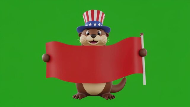 Chipmunk wearing patriotic hat holding red banner with seamless motion on green screen