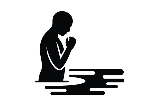 Black vector silhouette of a person standing in water praying with hands folded in spiritual worship christian baptism or cleansing ritual concept