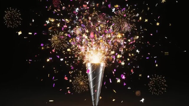 Party Popper Exploding with Colorful Confetti and Stars on Black