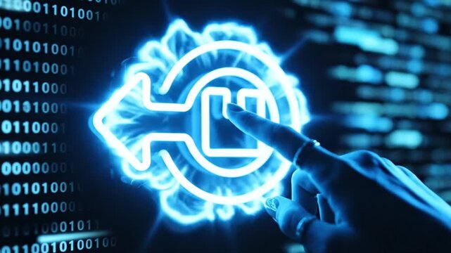 Neon blue logout icon with finger touching digital screen interface for session exit.