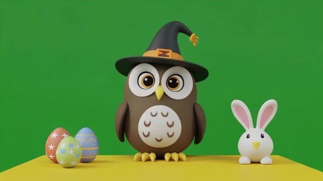 Cute cartoon owl with witch hat and bunnies during Easter celebration in a vibrant green field