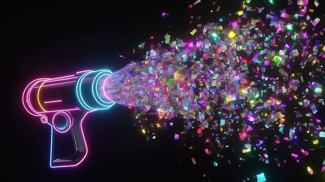 Futuristic Neon Cannon Blasting Colorful Confetti on Black