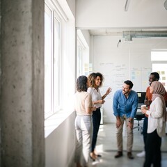 Fototapeta premium A diverse group of colleagues are talking and interacting in a modern office setting with large windows