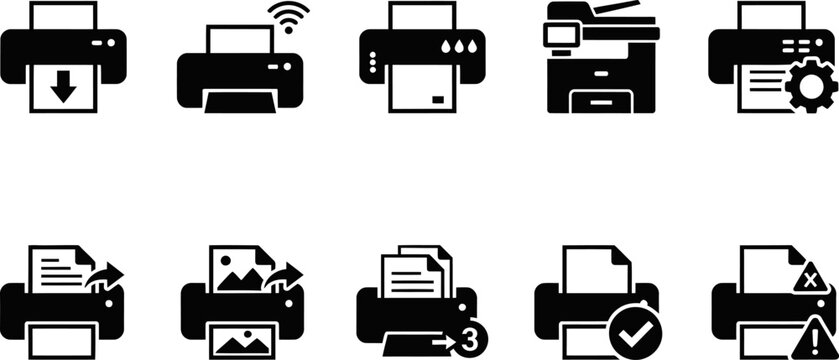 Printer Icon Vector Set, Printing And Document Management Collection, Office Printer Symbols, Wireless Print And Scan Icons for UI UX, Business, Web, Print, SVG, PNG, EPS