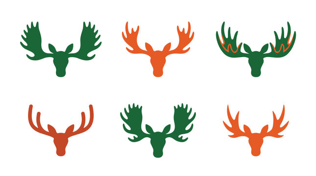 collection of six pixelated moose or elk head icons in green and orange colors, graphic elements for nature design