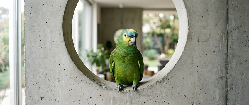 Green parrot perched inside concrete circle with blurred background of greenery