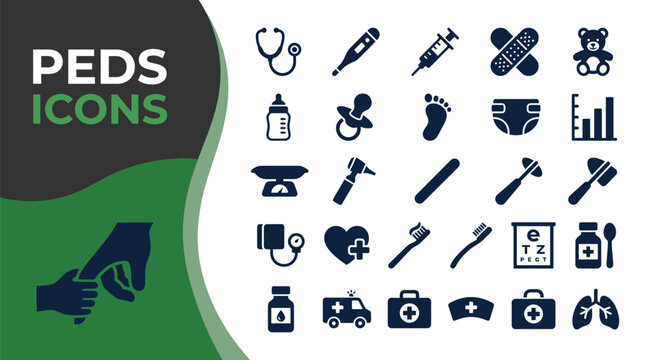 Set of dark blue pediatric medical icons featuring healthcare tools for children arranged in a clean flat vector design style