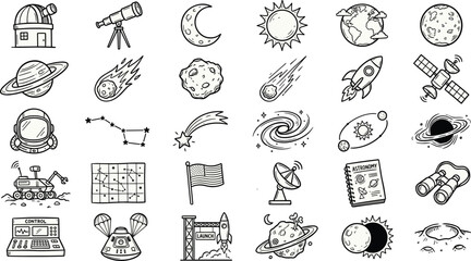 Outer Space, Astronomy, and Space Exploration Doodle Elements Vector Set © Nurjahan
