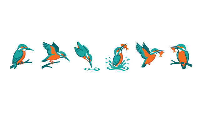 Pixel art collection of kingfisher birds in various actions, diving for fish, perched on branches, and in flight, teal and orange color palette