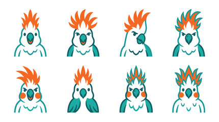 Obraz premium Pixel art set of eight cockatoo bird heads with orange crests and teal markings, isolated on white