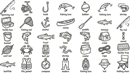 Fishing Gear and Outdoor Angling Elements Line Art Vector Set © Nurjahan