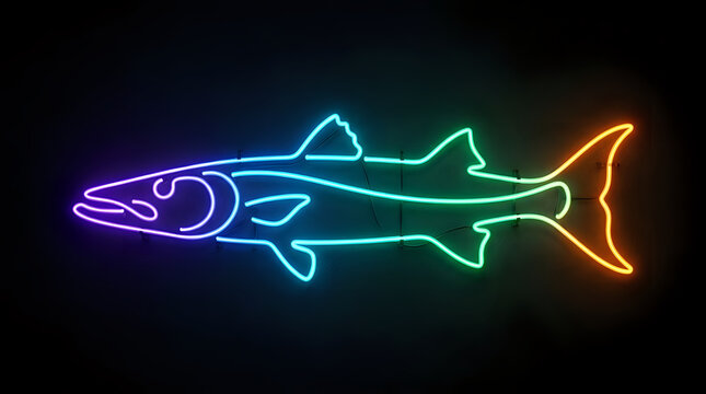 Gradient neon outline of a predatory fish isolated on black with barracuda, gradient