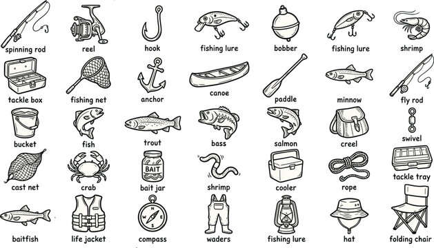 Fishing Gear and Outdoor Angling Elements Line Art Vector Set