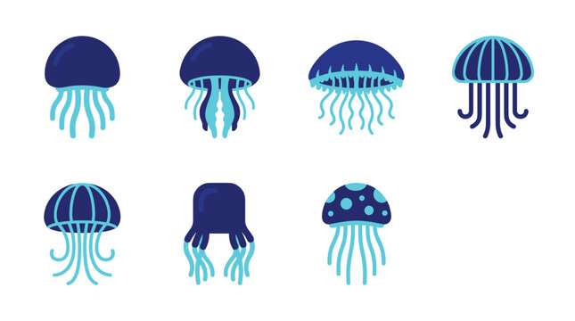 Set of eight pixel art jellyfish in various shades of blue and turquoise, isolated on a white background, ocean life icons