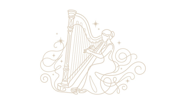 Minimalist line art illustration of a female harpist playing a large classical harp with decorative golden swirls and sparkles on a white background, elegant vector design.