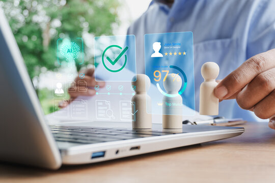 HR professional evaluating job candidates with AI recruitment dashboard, candidate matching score, digital hiring workflow using laptop, representing talent acquisition, Employee selection technology