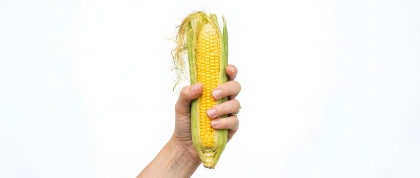 Hand holding fresh ear of corn isolated on white background