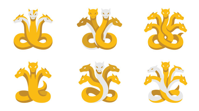 Set of six pixel art hydra monsters in yellow and white, mythological creatures in a flat icon style, digital illustration