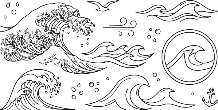 Ocean Wave Sea Surf Crest and Japanese Style Great Wave Nature Vector Icon Set