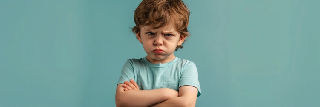 Young child with curly hair and a teal shirt frowning with arms crossed, expressing frustration or defiance against a light teal background, capturing a moment of childhood emotion.