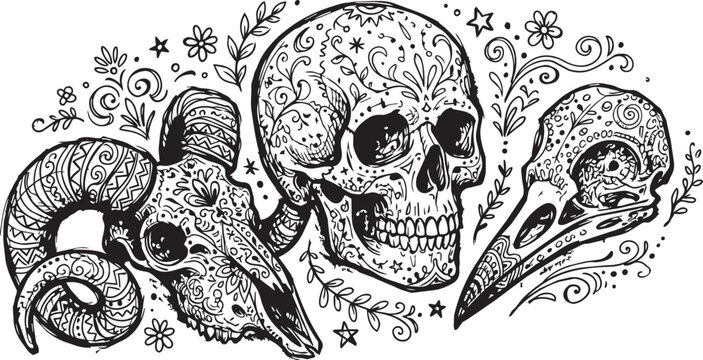 Whimsical, hand-drawn black and white doodle featuring a central skull adorned with intricate patterns, flanked by a coiled serpent and a raven's skull, surrounded by delicate
