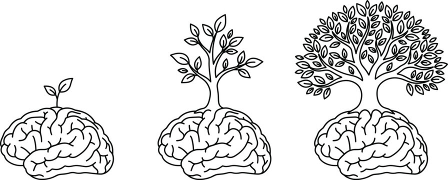 Human Brain Growth Evolution Icon Set with Sprout Sapling and Full Tree Metaphors for Psychology Mindset Development Learning and Mental Health Graphic Designs