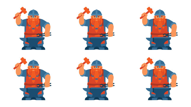 Pixel art viking blacksmith character set, forging metal on anvil with hammer and tongs, retro game sprite
