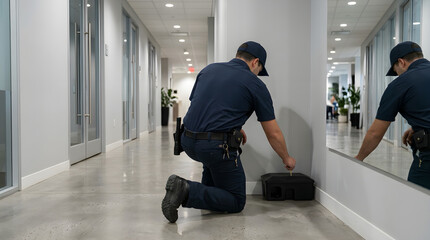 Obraz premium Pest control technician setting up black bait station trap in modern office corridor with technician trapping extermination professional maintenance corridor sanitation business