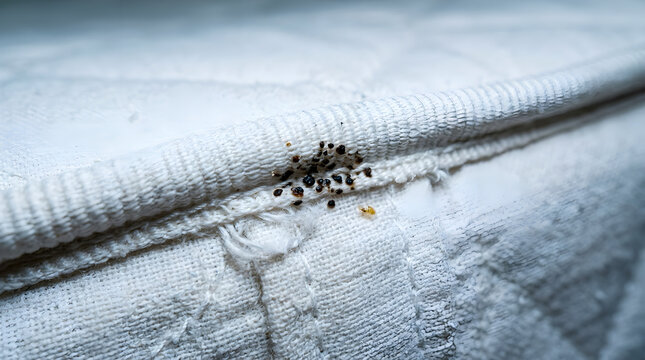 Close up of bed bug infestation on mattress seam showing pests and eggs with infestation mattress parasite furniture extermination sanitation parasites infection microscopic