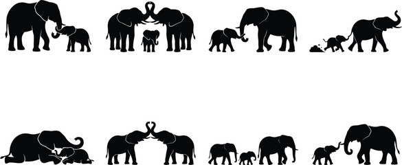 Collection of Elephant Silhouettes Featuring Family Groups, Calves, and Social Interactions © MstKhairun