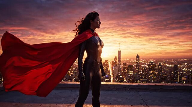 Superhero woman standing on a rooftop overlooking a city skyline at sunset