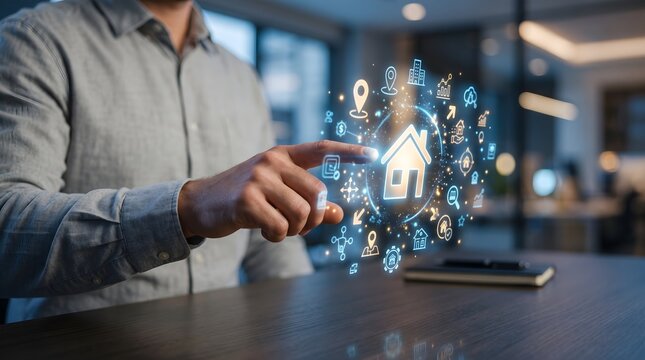 Real Estate Property Hologram House Icon Digital Network Smart Home Technology Business Investment Virtual Property Concept