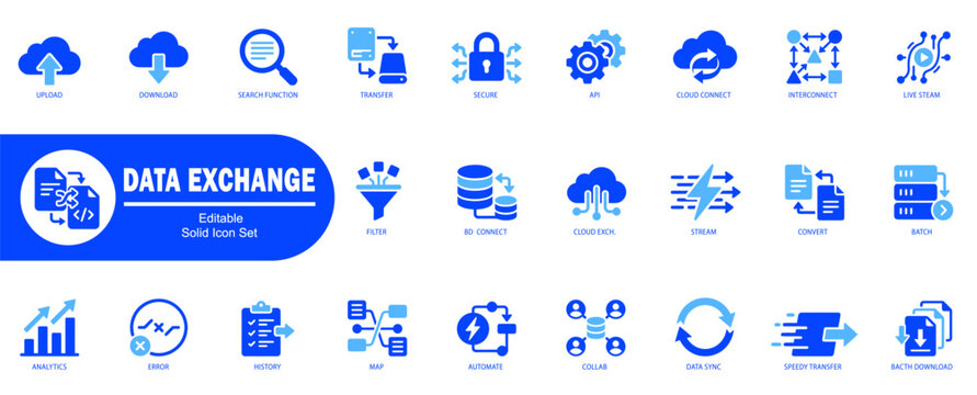 Data exchange solid icon set. This set has cloud connect and stream. Editable Stock. Vector Illustration.
