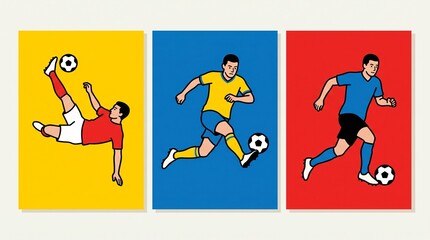 Obraz premium Three soccer players in action poses on colorful backgrounds with footballs illustration.
