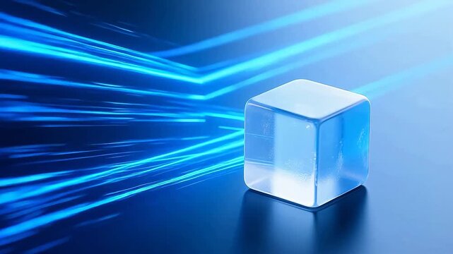 Crystal cube with blue light beams