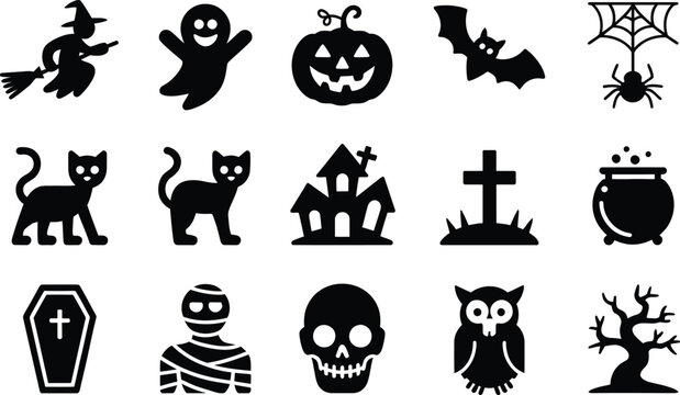 Halloween spooky silhouette icon set featuring witch ghost pumpkin bat black cat skull mummy haunted house vector collection design