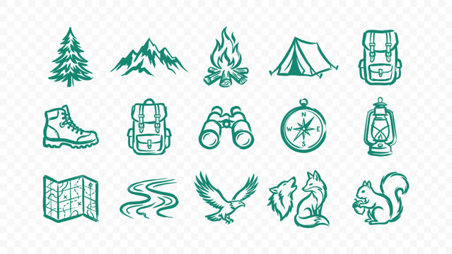 hiking outdoor and nature mountain doodle handmade ink scribble flat line art vector illustration icon bundle set calligraphy drawing design adventure camping and trek elements