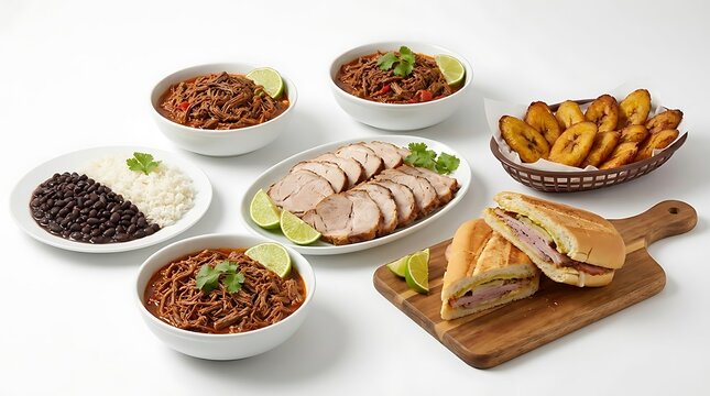 Traditional cuban food spread with shredded beef ropa vieja rice beans plantains and meat sandwich