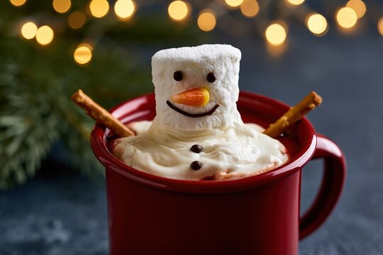 The Marshmallow Snowman in a Cozy Red Cocoa Mug with Pretzel Arms
