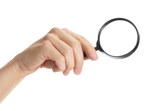 Hand holding black magnifying glass for search, isolated on transparent cutout background