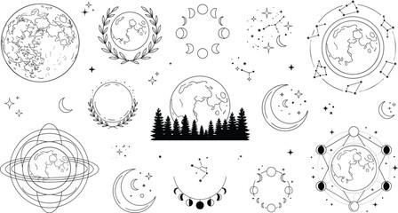 Celestial Moon Phase Full Moon and Astrology Constellation Star Vector Icon Set Designs © MstBabli