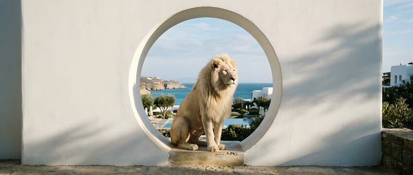 Majestic lion framed by architectural opening overlooking ocean vista