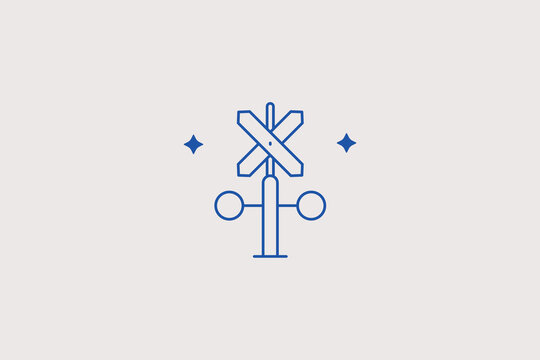 Railroad crossing signal with crossbuck line icon for traffic safety. Vector illustration for highway intersection warning, railway security management.