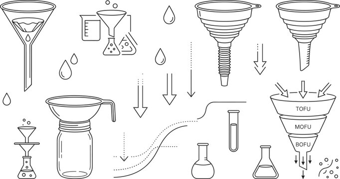 Laboratory Funnel and Marketing Sales Funnel Chart Vector Icon Set with Arrow Illustrations